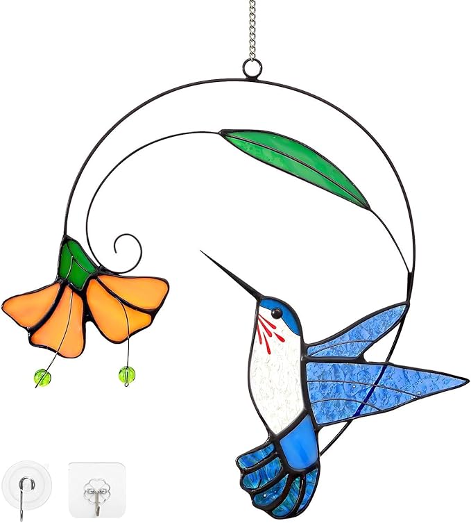 Hummingbird Stained Glass Window Hanging - Hand-Painted 3D Suncatcher with Vibrant Colors, Garden Art Gift for Bird Lovers & Home Decor (Blur Hummingbird)