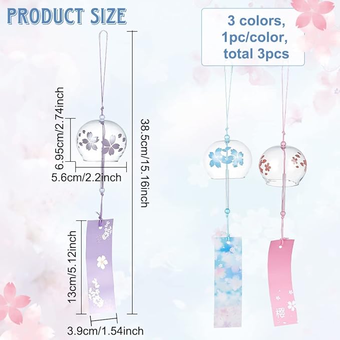 BENECREAT 3pcs Japanese Wind Chimes Pink Blue Light Purple Flower Wind Bells Handmade Glass Pendants for Wedding Festival Gift, Garden Window Outdoor or Indoor Home Decors