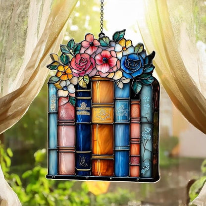 Floral Book Acrylic Suncatcher, Bookish Suncatchers for Window Hanging Ornament, Art Garden Decor for Book Lover Reader Bookworm, Gifts for Mother's Day, Mom, Grandma, Wife, Women, Nana