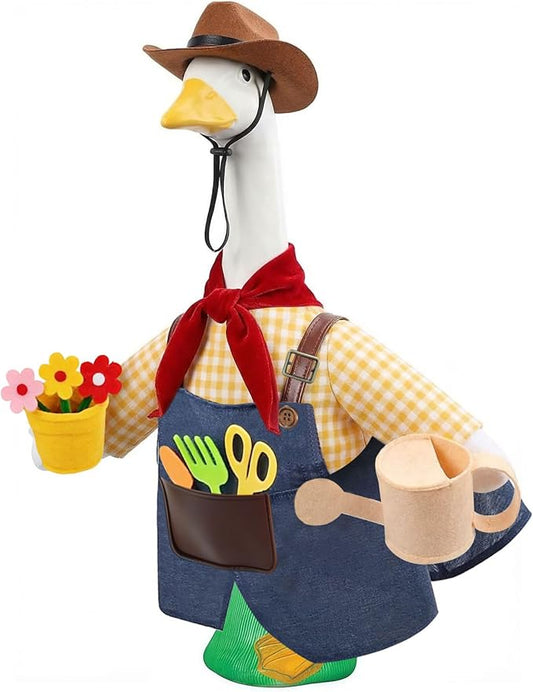 Porch Goose Outfit for 23" Cement & Plastic Goose Statue – Gardener Porch Goose Clothes with Cowboy Hat,Includes Scarf,Tools,Watering Can & Flower Pot, Outdoor Lawn Yard Decor & Front Porch