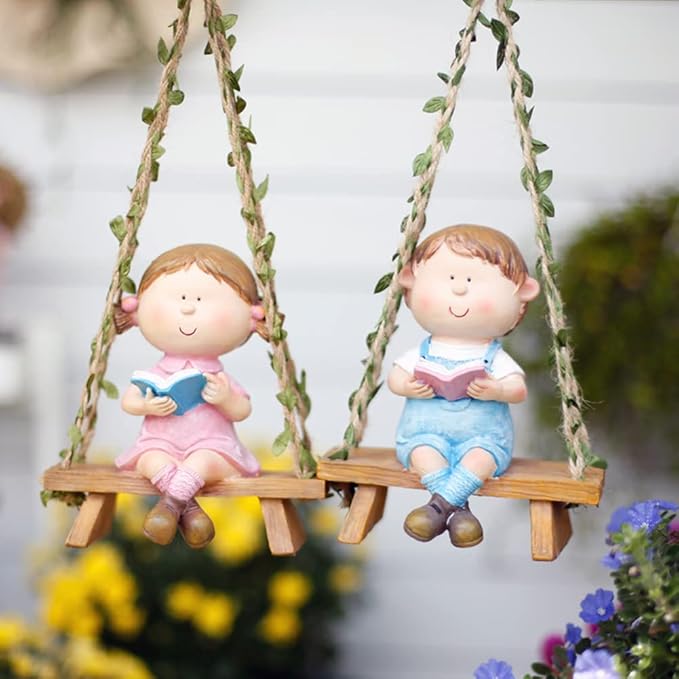 WAYUTO Swing Garden Statue Ornament Cute Resin Boy Figure Hanging Hammock Outdoor Funny Garden Decor for Patio Yard Lawn Fence Pathway Backyard Landscape Tree