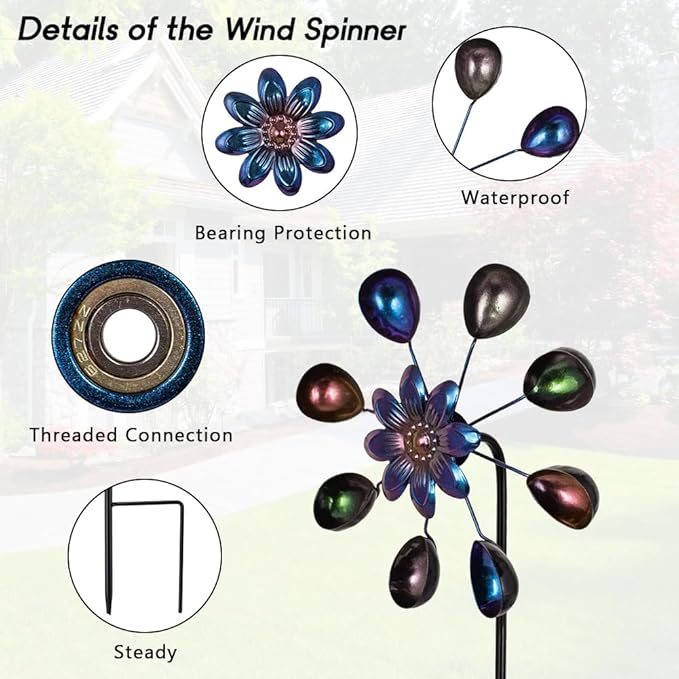 DREAMYSOUL Wind Spinners Outdoor, 10" Dia Colorful Metal Pinwheels for Yard and Garden, Kinetic Wind Sculptures & Spinner Outside (Purple Flowers)