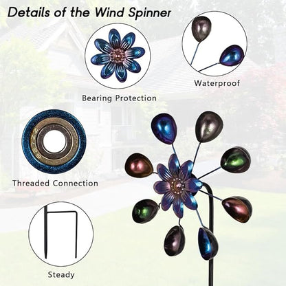 DREAMYSOUL Wind Spinners Outdoor, 10" Dia Colorful Metal Pinwheels for Yard and Garden, Kinetic Wind Sculptures & Spinner Outside (Purple Flowers)