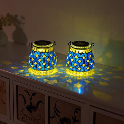 Starsoul 2 Pack Solar Lanterns Outdoor Waterproof, Gorgeous Mosaic Solar Lantern Outdoor Garden Decor, Solar Hanging Lights for Outside Patio Yard
