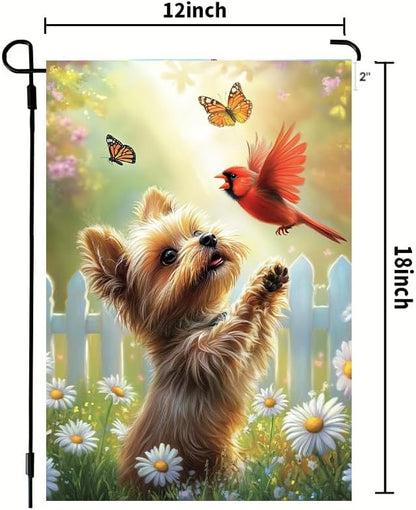 Spring Summer Garden Flags for Outside 12x18 Double Sided, Small Burlap Yorkie Dog Cardinal Floral Garden Flag Spring Summer Outdoor Yard Decorations