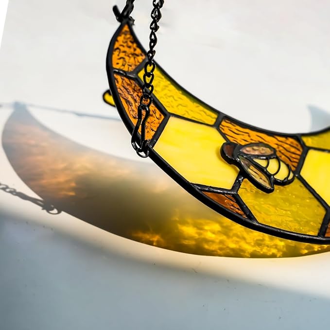 Bee Stained Glass Suncatcher for Window,Honeycomb Stained Glass Window Hanging Moon Decor,Bees Gifts for Women,Bee Lovers,Housewarming Gift,Honeybee Decor for Birthday Party