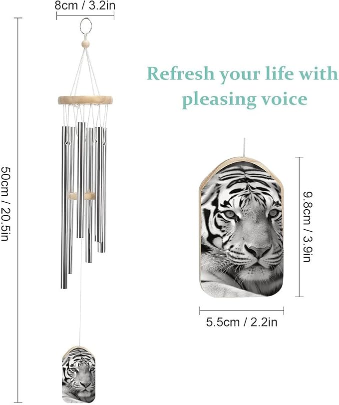 Wind Chimes for Outside,Black White Tiger Printed Cute Aluminium Windchimes Outdoors,Soothing Melodic Memorial Wind Chime for House Porch Patio Garden Balcony Decor