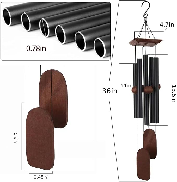 Memorial Wind Chimes for Loss of Loved Ones, 36 inch Sympathy Wind Chimes, Memorial Gifts & Sympathy Gifts, Suitable for Indoor and Outdoor, Patio, Garden for Peace and Relaxation - Aluminum，Black