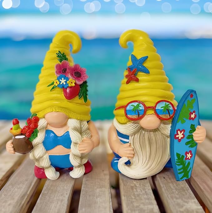 OrnamentallyYou Spring & Summer-Themed Garden Statues – Adorable Outdoor Decor for Lawn, Patio & Porch (Tropical Beach Gnome Duo Figurine Set, Cute 6" Summer Decoration Garden Statue)