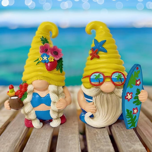 OrnamentallyYou Spring & Summer-Themed Garden Statues – Adorable Outdoor Decor for Lawn, Patio & Porch (Tropical Beach Gnome Duo Figurine Set, Cute 6" Summer Decoration Garden Statue)