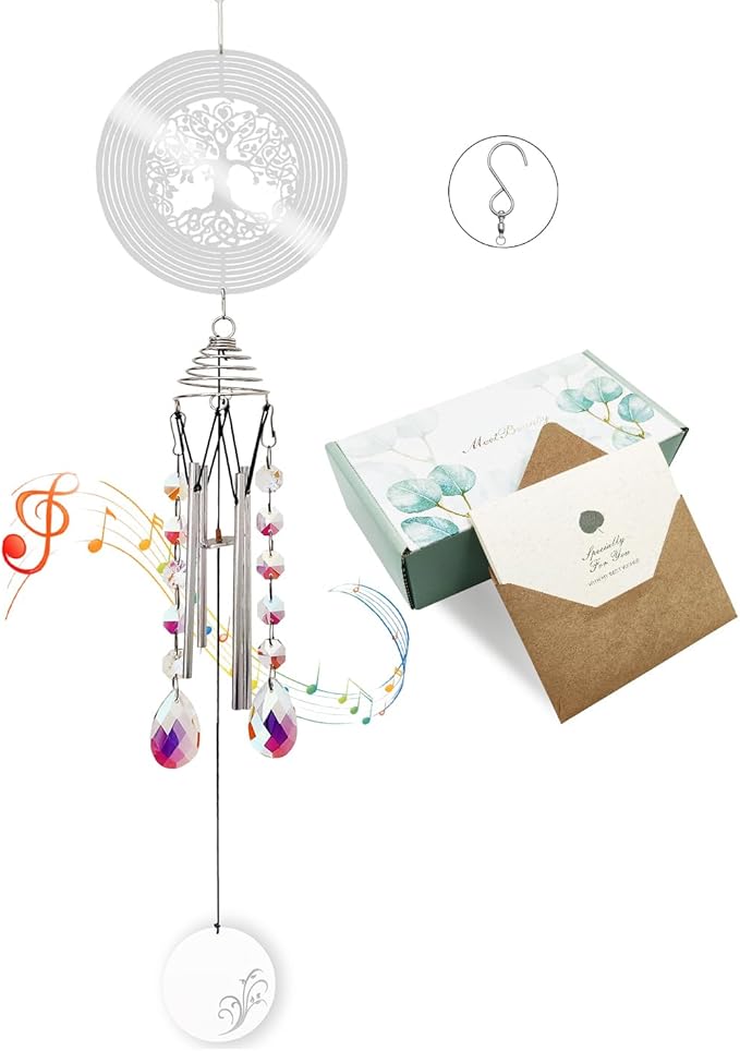 Hourwof Memorial Wind Chimes for Outside,Decorative Wind Chime with Wind Spinner for Garden Patio Yard,Crystal Suncatcher Windchime,Housewarming Gift,Tree of Life