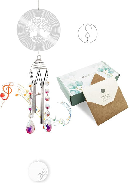 Hourwof Memorial Wind Chimes for Outside,Decorative Wind Chime with Wind Spinner for Garden Patio Yard,Crystal Suncatcher Windchime,Housewarming Gift,Tree of Life