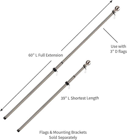 Evergreen Flag Telescoping 5ft Metal Flag Pole | Incl Two Tangle-Free Ring Clips | Stainless Steel | Wall Mounted for Home Garden Outdoor | House and 3'x5' American Flags with Pole Sleeve or Grommets