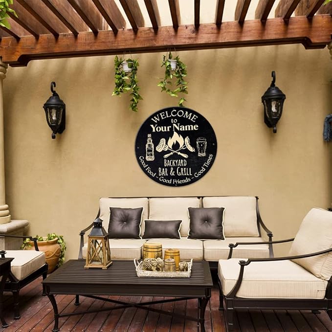 MeMate Outdoor Decor - Personalized Metal Bar and Grill Sign for Patio, Porch, Deck - BBQ Beverage Housewarming Gifts