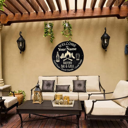 MeMate Outdoor Decor - Personalized Metal Bar and Grill Sign for Patio, Porch, Deck - BBQ Beverage Housewarming Gifts