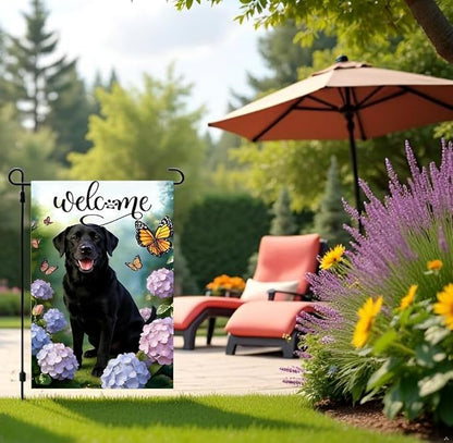Welcome Spring Summer Garden Flags 2x18 Double Sided, Small Burlap Seasonal Farmhouse Rustic Black Lab Labrador Dog Garden Flag Spring Summer Decoration Outdoor Yard Lawn Porch Flags for Outside Décor