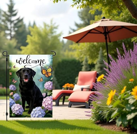Welcome Spring Summer Garden Flags 2x18 Double Sided, Small Burlap Seasonal Farmhouse Rustic Black Lab Labrador Dog Garden Flag Spring Summer Decoration Outdoor Yard Lawn Porch Flags for Outside Décor