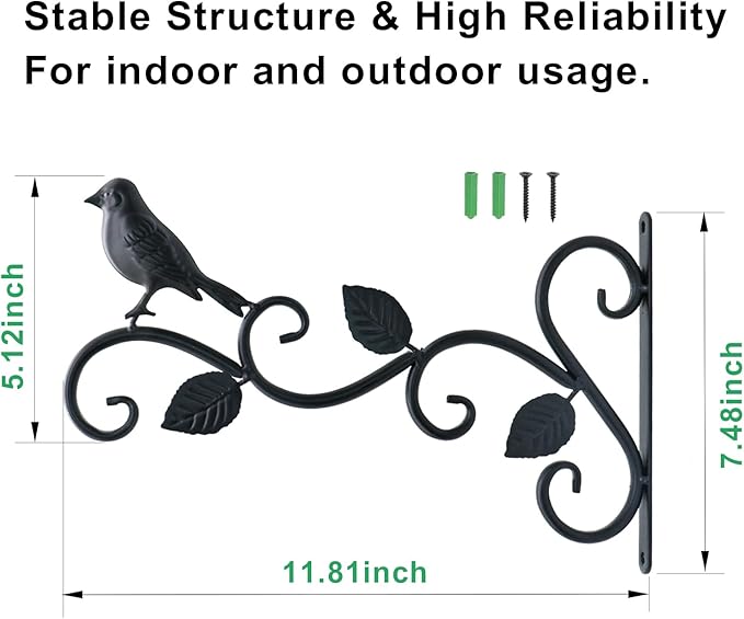 JIALAI HOME Hanging Plants Bracket 12" Bird Planter Outdoor Hooks Hangers for Flower Baskets Pot Bird Feeder Wind Chimes Lanterns Patio Garden Outdoor Indoor Metal Black, 2 Pack