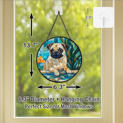 Stained Glass Window Hanging - Pug by The Pool with Yellow Flowers 6.3in Sun Catchers Indoor Stained Glass Panels Wall Decor for Mom, Wife, Lovers, Festive