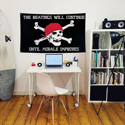 Pirtae Skull Flag 2X3Ft, Quote The Beatings Will Be Continue Until Morale Improves Flags,Double-Sided Printed, Funny Meme Flags, Men Women Banner, Fade Proof Vivid Color, Double Stitched with 2 Brass Grommets, Bar Garden Street Decoration, GYM, Office ...