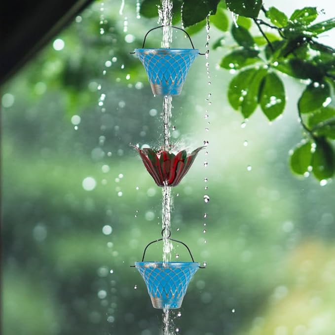 10FT Rain Chains for Outside, Rain Gutter Chain with 8 Cups & Lotus Decor, Adjustable Rain Catcher Chain for Eaves Drainage, Replacement for Downspout