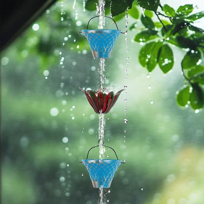 10FT Rain Chains for Outside, Rain Gutter Chain with 8 Cups & Lotus Decor, Adjustable Rain Catcher Chain for Eaves Drainage, Replacement for Downspout