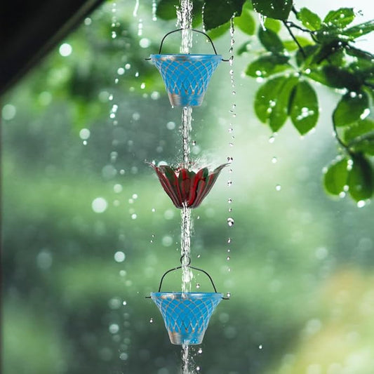 10FT Rain Chains for Outside, Rain Gutter Chain with 8 Cups & Lotus Decor, Adjustable Rain Catcher Chain for Eaves Drainage, Replacement for Downspout