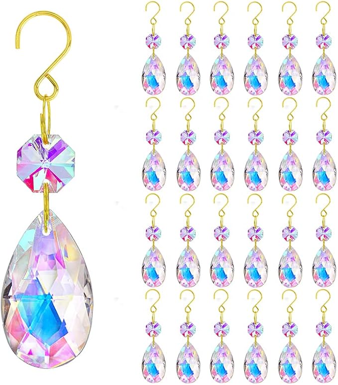 25pcs 38mm Crystal Teardrop Chandelier Parts,Suncatcher Crystal Prisms Hanging for Windows/Wedding Christmas Tree Decor(Glod Hook+Ring)