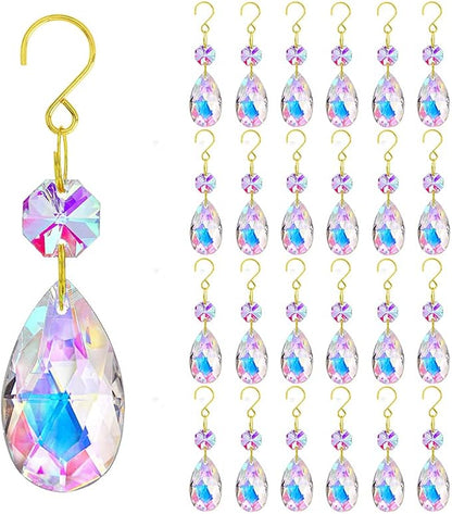 25pcs 38mm Crystal Teardrop Chandelier Parts,Suncatcher Crystal Prisms Hanging for Windows/Wedding Christmas Tree Decor(Glod Hook+Ring)