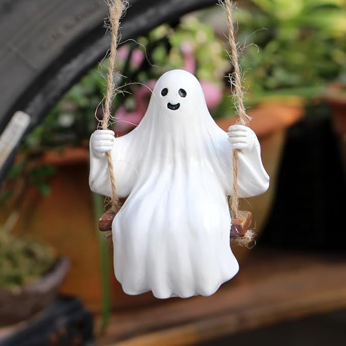 Swing Ghost Garden Statue Outdoor Halloween Decor, 3.39 Inch Cute Ghost Figurine Resin Sculpture Funny Tree Hanging Ornaments for Patio Lawn Yard