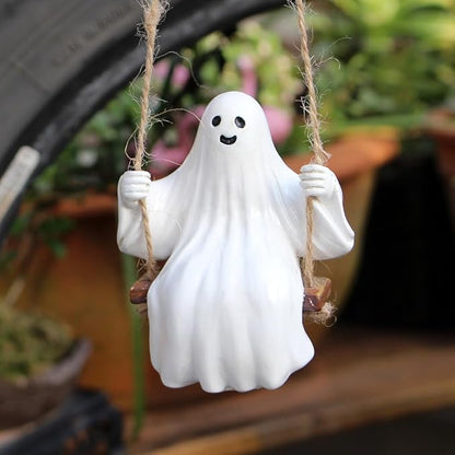 Swing Ghost Garden Statue Outdoor Halloween Decor, 3.39 Inch Cute Ghost Figurine Resin Sculpture Funny Tree Hanging Ornaments for Patio Lawn Yard
