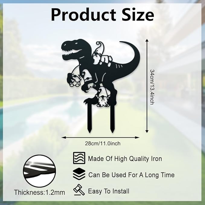 WADORN Dinosaur Gnome Metal Decorative Garden Stakes, Funny Dinosaur Gnome Metal Silhouette Statues Animals Garden Ornament Gifts Black Yard Art Decoration for Outdoor Backyard Patio Lawn Walkways