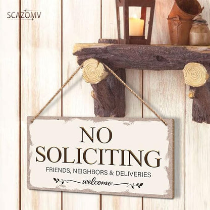 No Soliciting Family Friends Neighbors Deliveries Welcome Funny Rustic Wooden Front Door Sign Vintage Outdoor Wall Art Hanging Plaque for Porch Yard Store Home Farmhouse Decor 10''x 5''