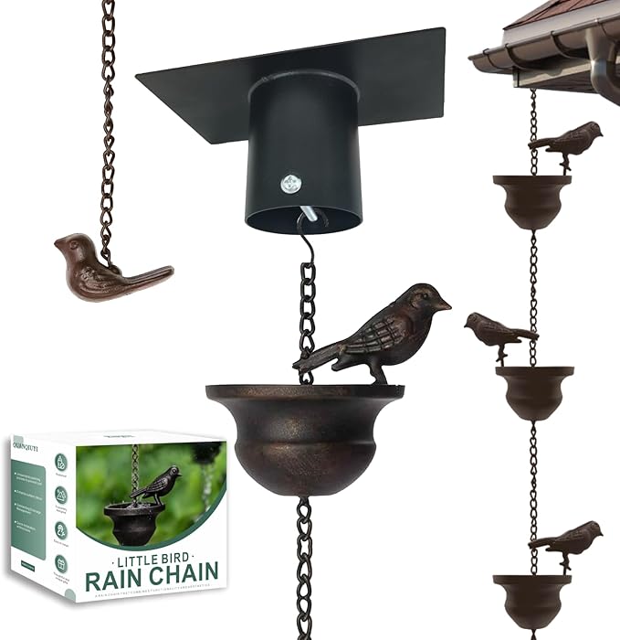 Metal Bird Rain Chain for Gutters, 7.8 Ft Rust-Resistant Outdoor Rain Catcher with Hanging Gutter Adapter, Perfect for Heavy Rain, Indoor/Outdoor Decoration, Dark Bronze Finish