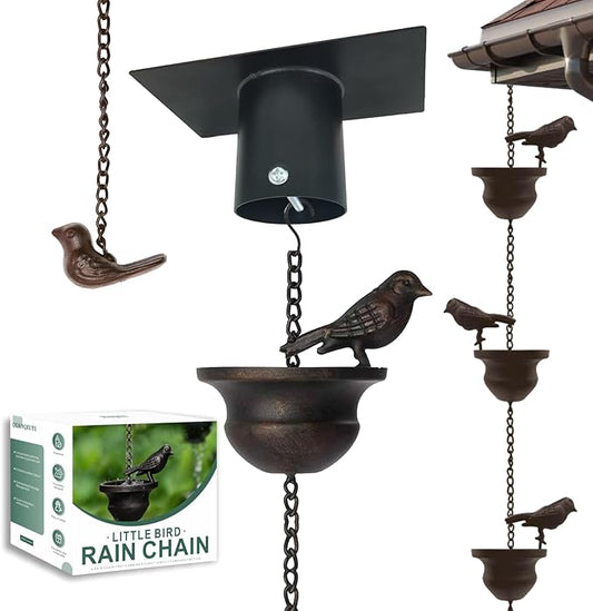 Metal Bird Rain Chain for Gutters, 7.8 Ft Rust-Resistant Outdoor Rain Catcher with Hanging Gutter Adapter, Perfect for Heavy Rain, Indoor/Outdoor Decoration, Dark Bronze Finish