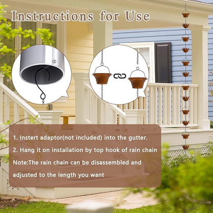 Lotus Rain Chains for Outside, 9.8FT Rain Gutter Chain with 16 Cups, Adjustable Rain Catcher Chain for Eaves Drainage, Replacement for Downspout