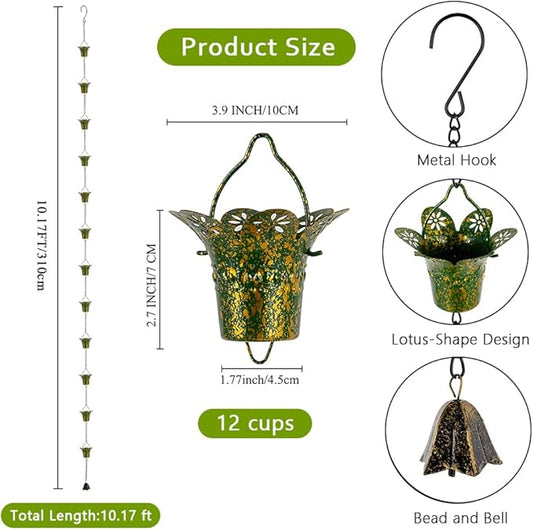 10ft Rain Chains for Outside, 12-Cup Rain Chain Replacement Downspout for Gutters,Eaves, Drainage, Adjustable Length(Gold & Green)