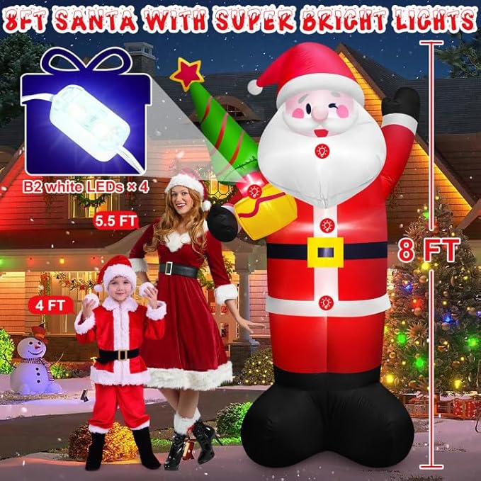 8 FT Tall Giant Santa Inflatable Christmas Decorations Outdoor Tree Blowups, Funny Cute Xmas Blow Up Yard Decoration Build-in LED Lights & Tethers Stakes Winter Holiday Indoor Party Garden Lawn Decor