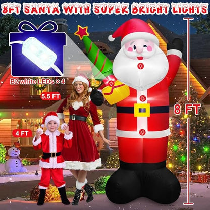 8 FT Tall Giant Santa Inflatable Christmas Decorations Outdoor Tree Blowups, Funny Cute Xmas Blow Up Yard Decoration Build-in LED Lights & Tethers Stakes Winter Holiday Indoor Party Garden Lawn Decor