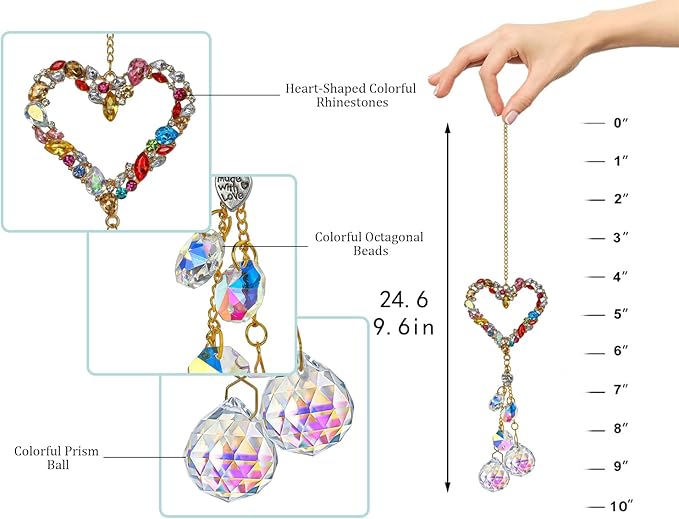 Heart-Shaped Colorful Crystal Rhinestones Suncatcher Window Hang Pendant, Rainbow Crystal Drops Ball Prisms Imitation Jewellery Ornament Gift