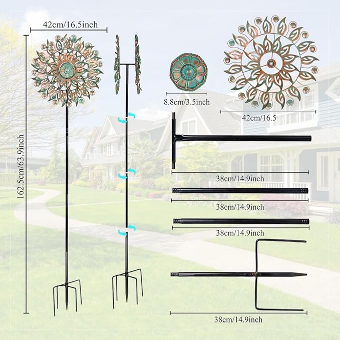 DREAMYSOUL Metal Wind Spinner, 16.5" Dia *64" Tall Large Wind Spinners Outdoor, 5 Pronged Kinetic Wind Sculptures & Spinners for Garden and Yard (Bronze)