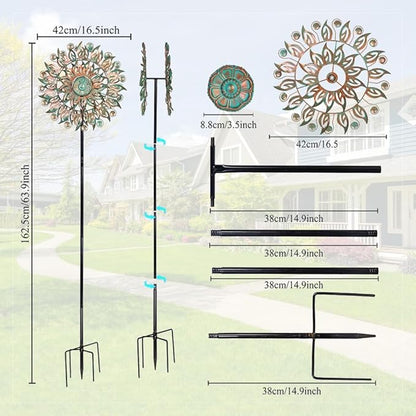 DREAMYSOUL Metal Wind Spinner, 16.5" Dia *64" Tall Large Wind Spinners Outdoor, 5 Pronged Kinetic Wind Sculptures & Spinners for Garden and Yard (Bronze)