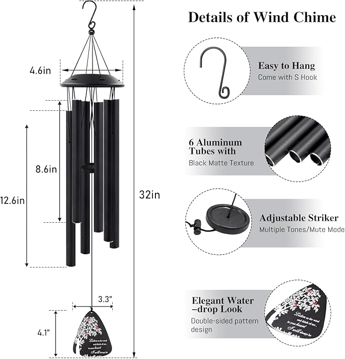 Sympathy Wind Chimes for Loss of Loved One, 32" Memorial Windchimes for Outside, Bereavement Gifts in Memory of Mother Father,Outdoor Chimes Home Garden Patio Decor