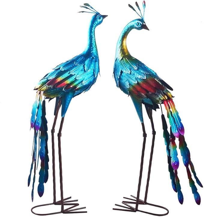 Metal Colorful Peacock Statues Set of 2 Garden Sculptures for Outdoor Indoor Yard Art