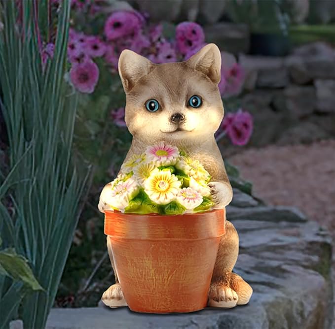 Muldale Cat Solar Light - Cat Garden Statue Outdoor - Solar Powered Cat Garden Decor for Outside - Hand Painted Floral Plant Pot Light Up Cat, Brown