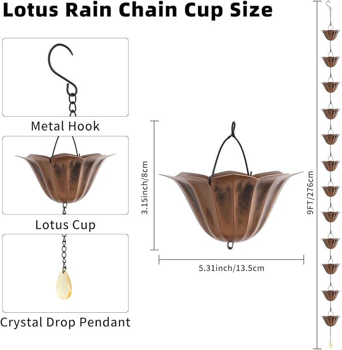 9FT Lotus Rain Chain, Rain Chains for Gutters with 12 Cups, Adjustable Rain Catcher Chain with Bell for Eaves Drainage, Replacement for Downspout