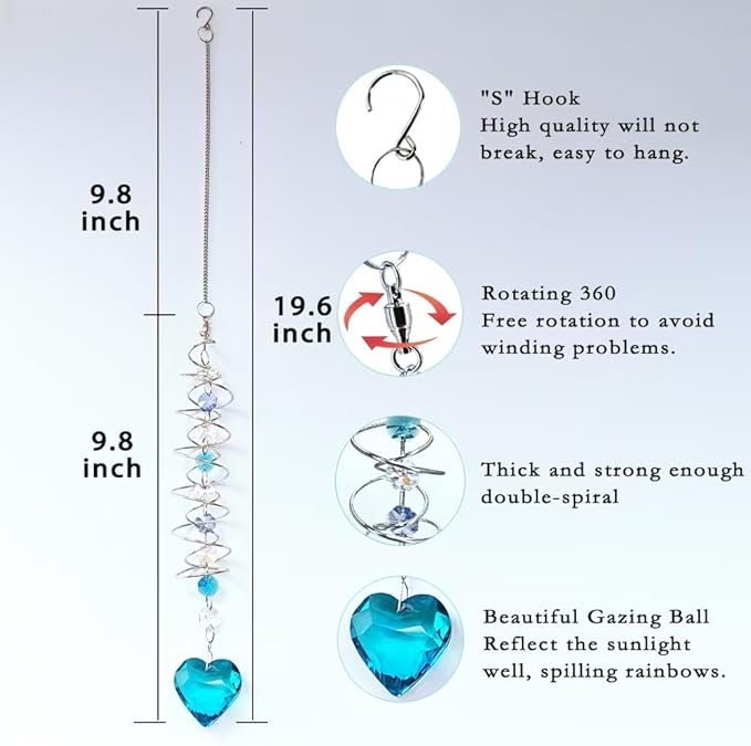 Big Heart Crystal Sun Catchers for Windows Hanging, Double-Spiral Design Gazing Ball Spiral Tail, Rainbow Maker Prism, Sun Catchers Indoor Window for Kitchen, Patio, Porch, Garden(Sky Blue)