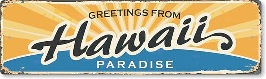 SmartSign 4 x 14 inch Greetings From Hawaii Paradise State Vintage Metal Sign, 40 mil Rustproof Aluminum with Clear Overcoat, Retro Wall Décor, Multicolor, Made in USA