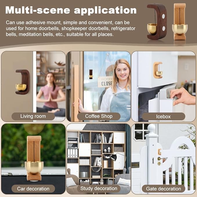 2Pcs Magnetic Shopkeepers Bell for Door Opening - Vintage Wooden Wind Chime Doorbell with Brass Bell, Wireless Adhesive Door Chime for Housewarming Gift Refrigerator Room Garden(Brown，Light)