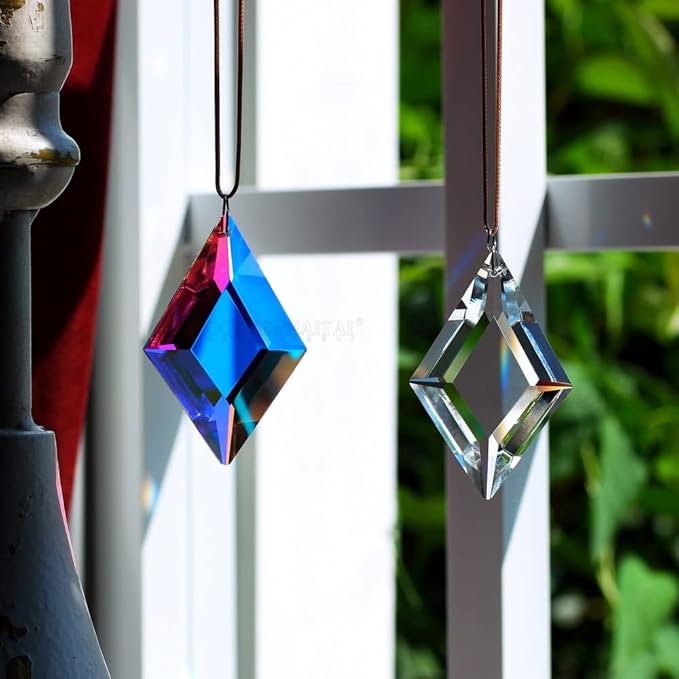 2PCS Simple Geometry Crystal Sun Catcher Prisms, stino Hanging Suncatchers with Glass Prism, Rainbow Maker for Windows, Balcony, Kitchen, Garden Decoration (1, Rhombus ABColor 2Pcs)